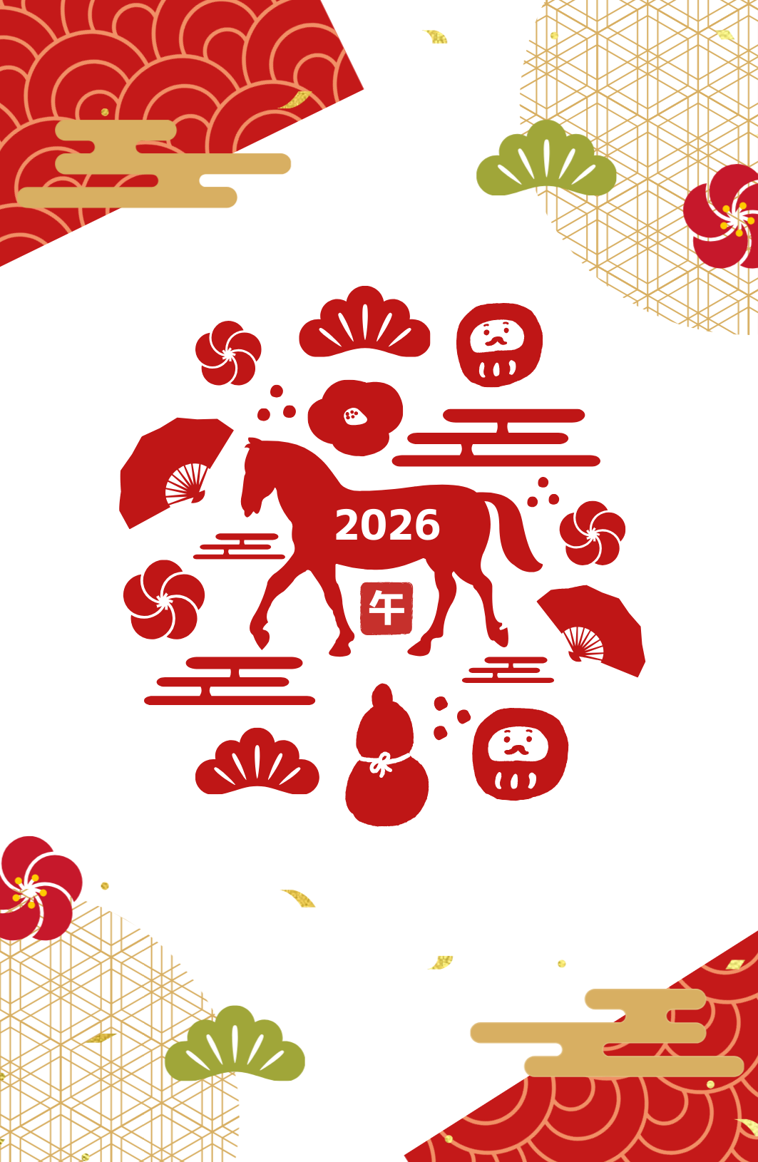 赤色 シンプル　伝統的　イラスト　 馬 年賀状.png
